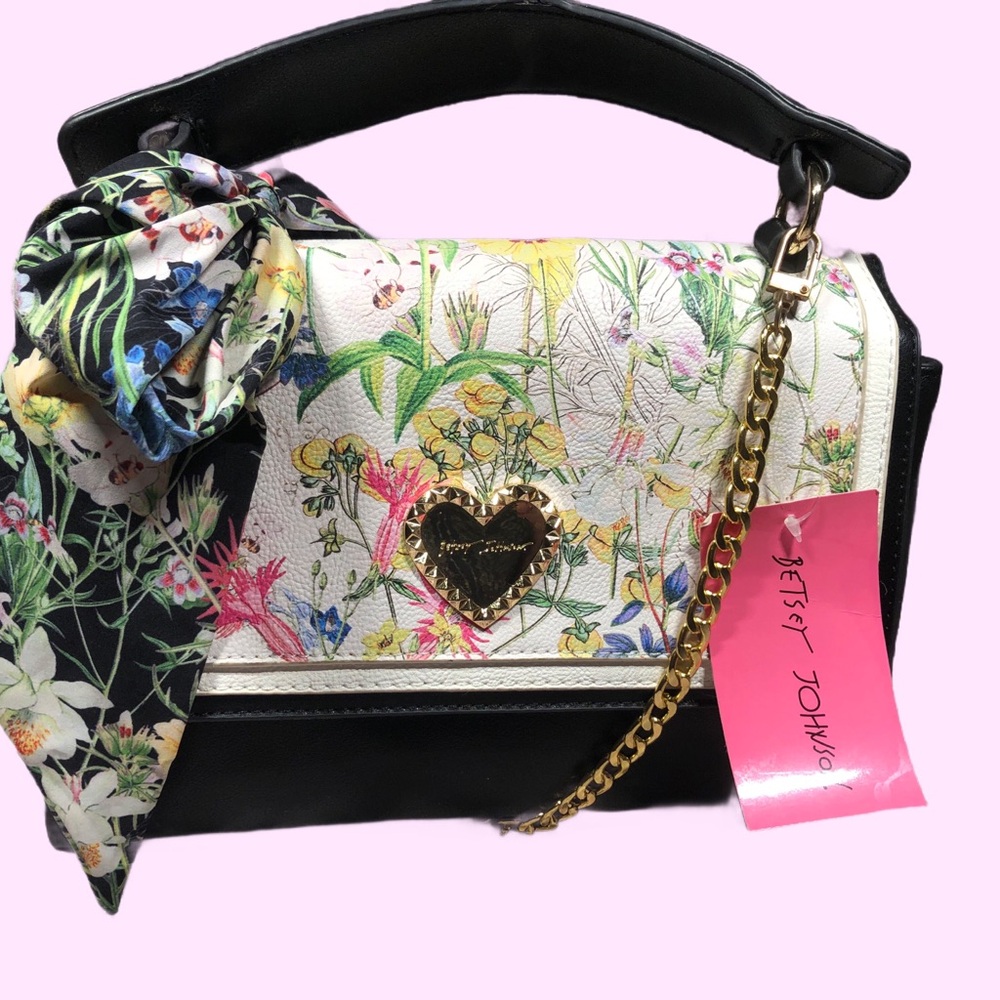 Betsy Johnson Floral Women's Bag with Black Accents Gold Hardware & Twilly! NWT